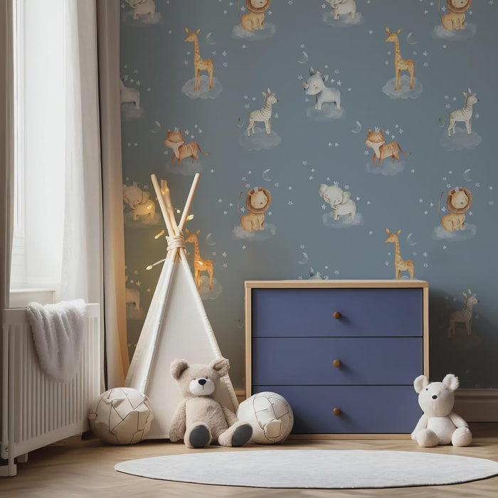Jungle Animals Wallpaper Mural: Giraffe, Fox, Lion & Deer Kids Room Decor