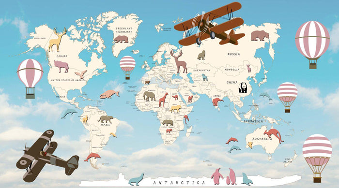 Kids Animal World Map Wallpaper Mural - Peel and Stick Nursery Decor