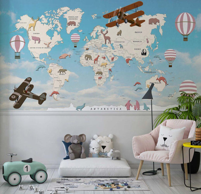 Kids Animal World Map Wallpaper Mural - Peel and Stick Nursery Decor