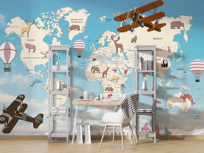 Kids Animal World Map Wallpaper Mural - Peel and Stick Nursery Decor