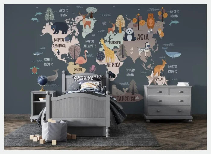 Kids Animal World Map Wallpaper Mural - Peel and Stick