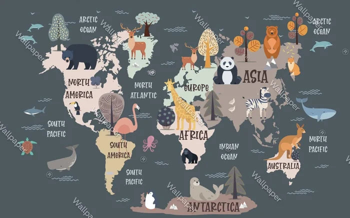 Kids Animal World Map Wallpaper Mural - Peel and Stick