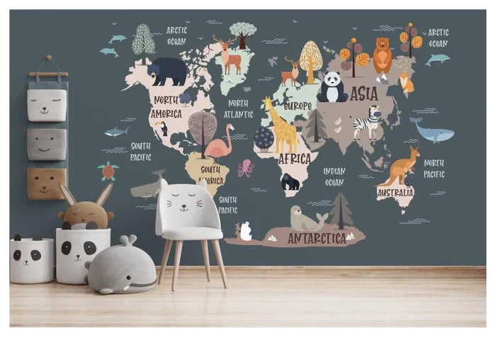 Kids Animal World Map Wallpaper Mural - Peel and Stick