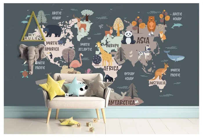 Kids Animal World Map Wallpaper Mural - Peel and Stick
