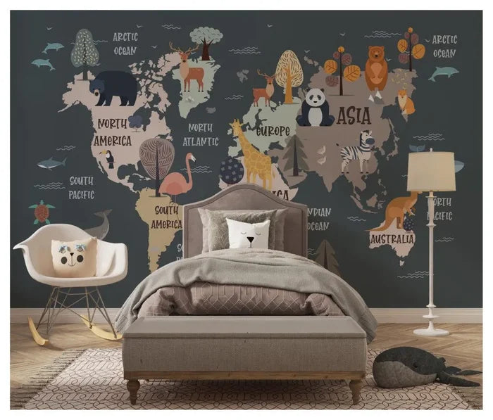 Kids Animal World Map Wallpaper Mural - Peel and Stick