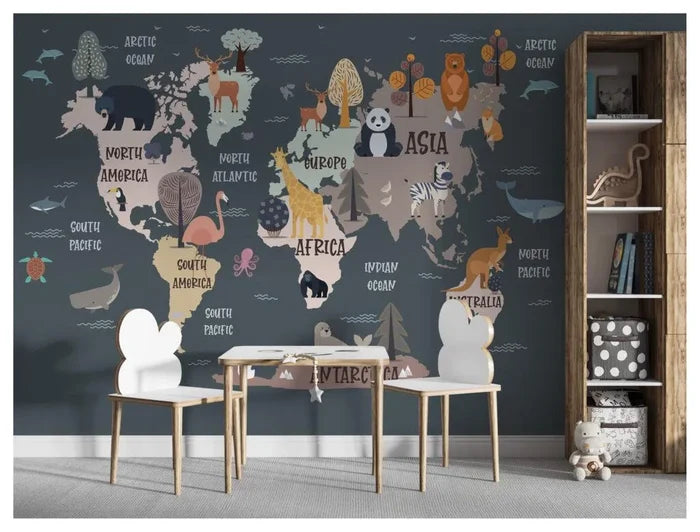 Kids Animal World Map Wallpaper Mural - Peel and Stick