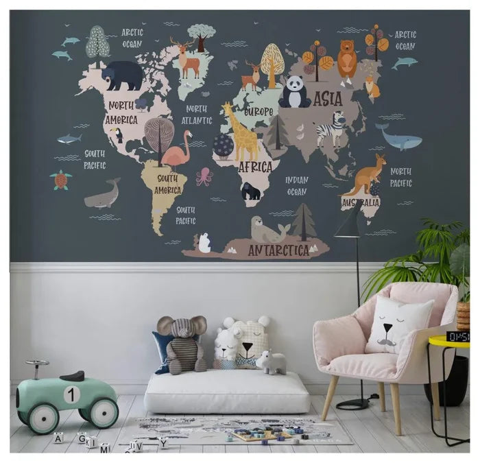 Kids Animal World Map Wallpaper Mural - Peel and Stick