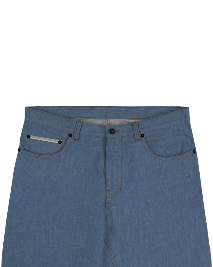 Front view of custom broken slub jeans for men by Luxire in light blue