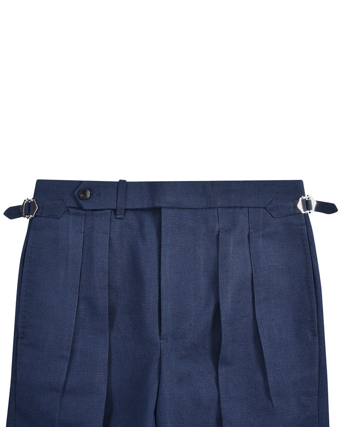 Front view of custom linen canvas pants for men by Luxire in navy
