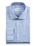 Front of the custom linen shirt for men in light blue chambray by Luxire Clothing