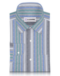 Front of custom linen shirt for men in green blue and white stripes by Luxire Clothing