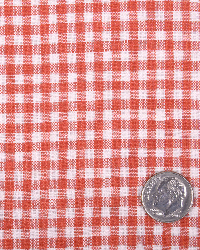 Close up of the custom linen shirt for men in red and white gingham checks by Luxire Clothing