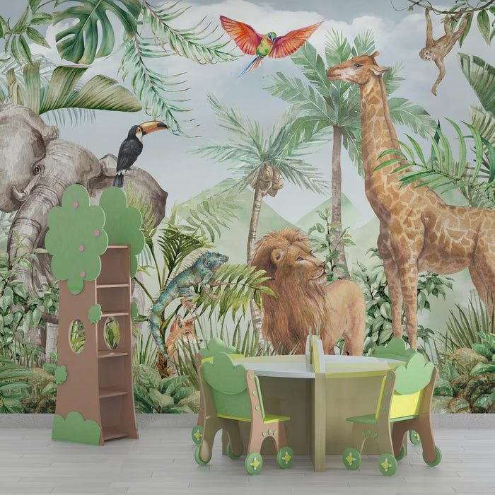 Lion Family Kids Room Wallpaper Mural: Jungle Animal Design