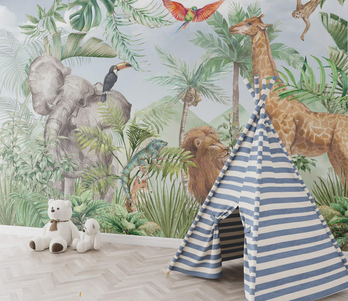 Lion Family Kids Room Wallpaper Mural: Jungle Animal Design