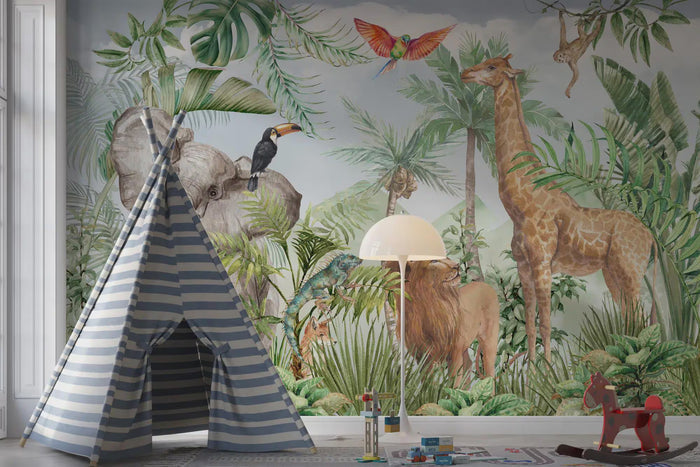 Lion Family Kids Room Wallpaper Mural: Jungle Animal Design