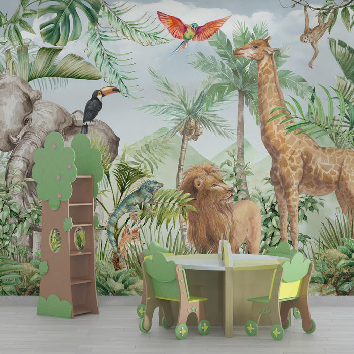 Lion Family Kids Room Wallpaper Mural: Jungle Animal Design