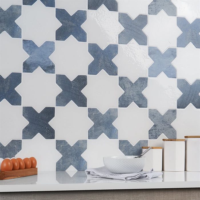 Malta Star White Polished and Cross Denim Blue  Matte kitchen backsplash install