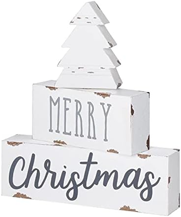 Merry Christmas Distressed Wood Block Sign | White