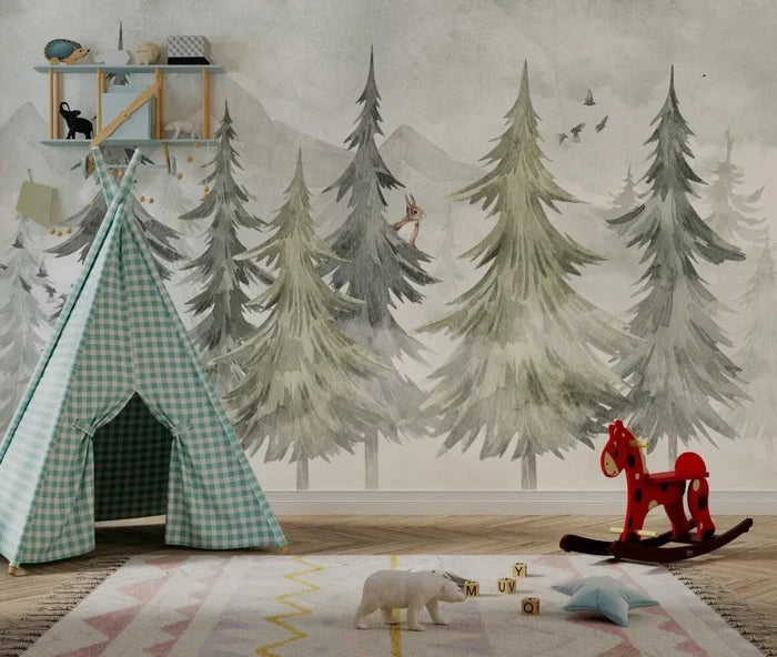 Mountain and Trees Kids Wallpaper: Peel and Stick Nursery Wall Mural