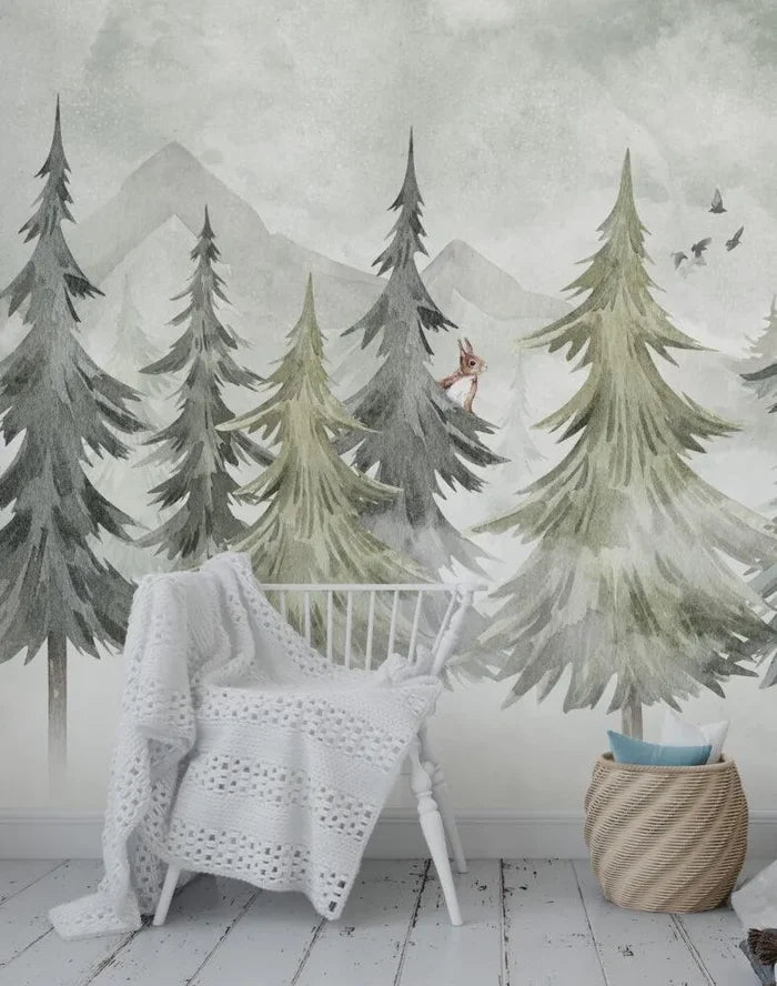 Mountain and Trees Kids Wallpaper: Peel and Stick Nursery Wall Mural