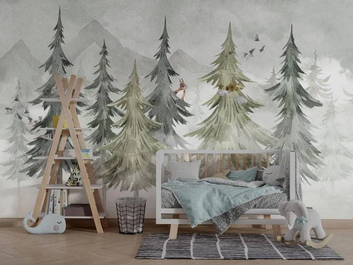 Mountain and Trees Kids Wallpaper: Peel and Stick Nursery Wall Mural