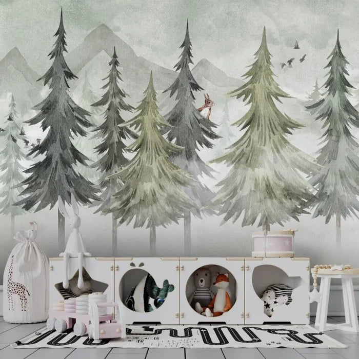 Mountain and Trees Kids Wallpaper: Peel and Stick Nursery Wall Mural