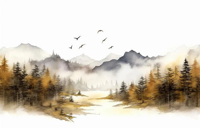 Mountain and Trees Peel and Stick Wallpaper: Living Room Wall Art