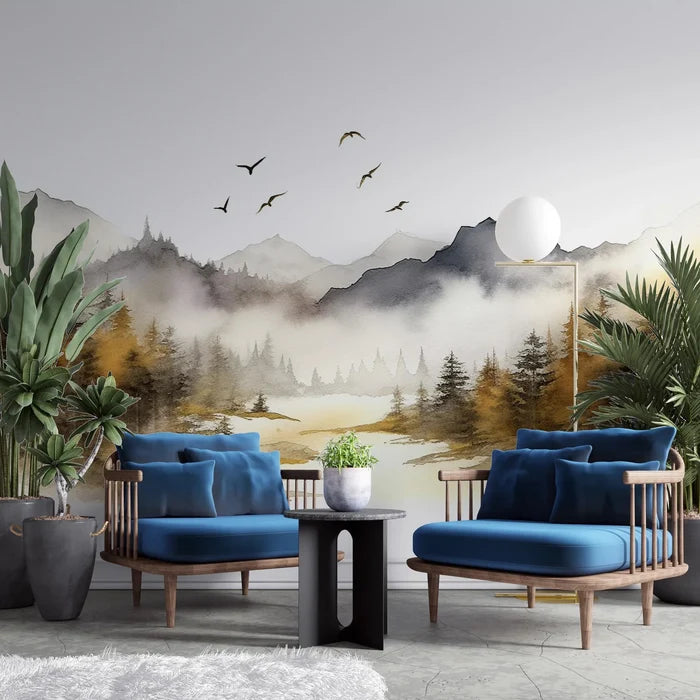 Mountain and Trees Peel and Stick Wallpaper: Living Room Wall Art
