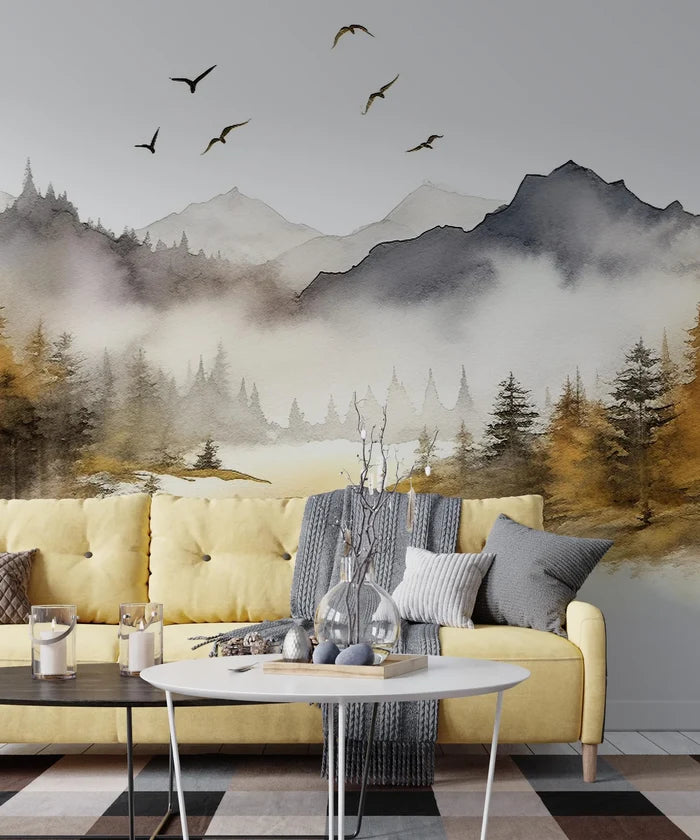 Mountain and Trees Peel and Stick Wallpaper: Living Room Wall Art