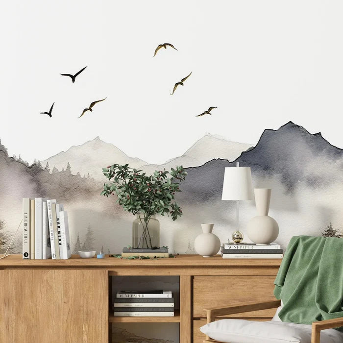 Mountain and Trees Peel and Stick Wallpaper: Living Room Wall Art