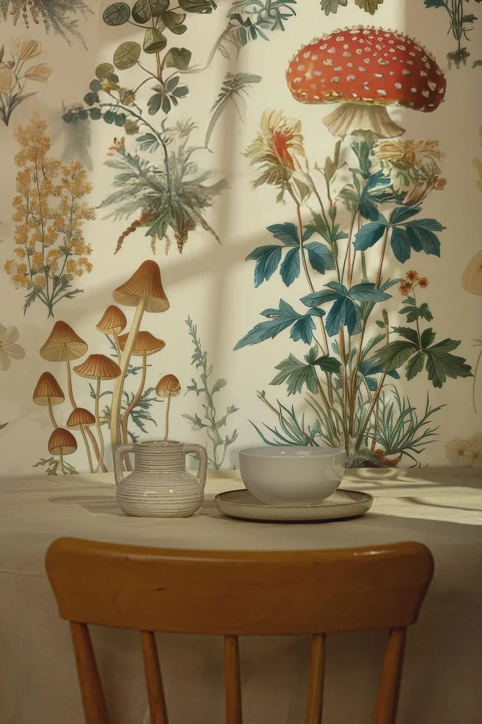 Mushroom and Plants Wallpaper: Secret Garden Botanical Peel and Stick