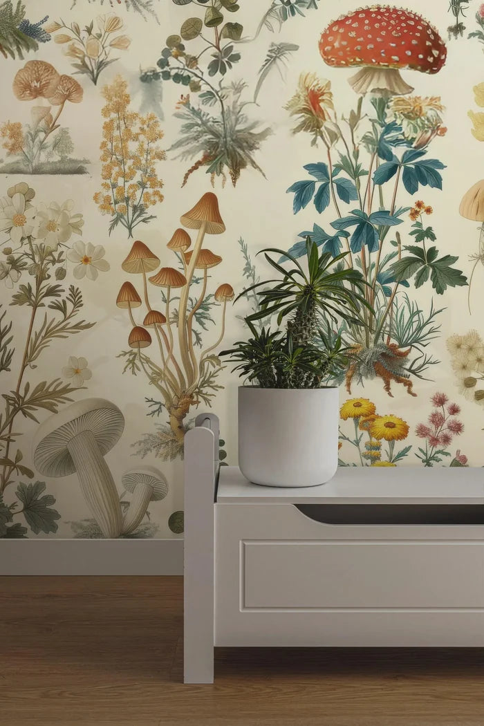 Mushroom and Plants Wallpaper: Secret Garden Botanical Peel and Stick