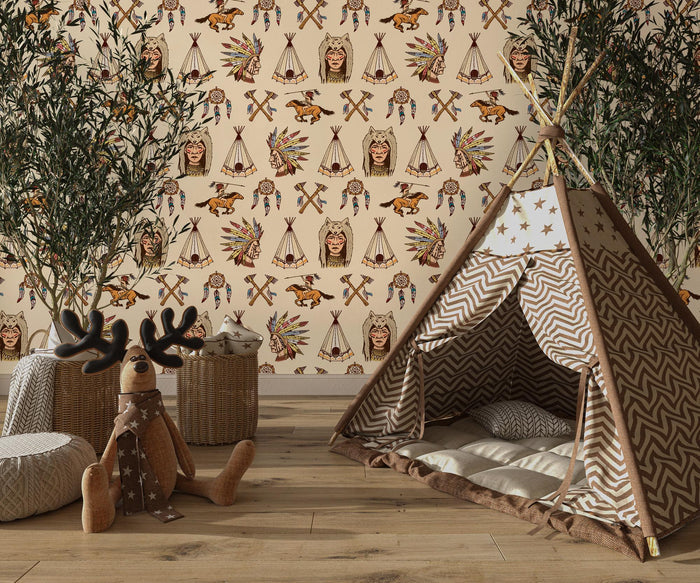Native American Tents & Horses Wallpaper - Peel and Stick