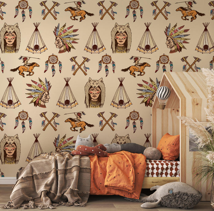 Native American Tents & Horses Wallpaper - Peel and Stick