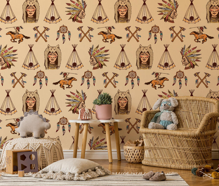 Native American Tents & Horses Wallpaper - Peel and Stick