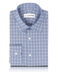 Front view of custom check shirts for men by Luxire in navy blue white grid