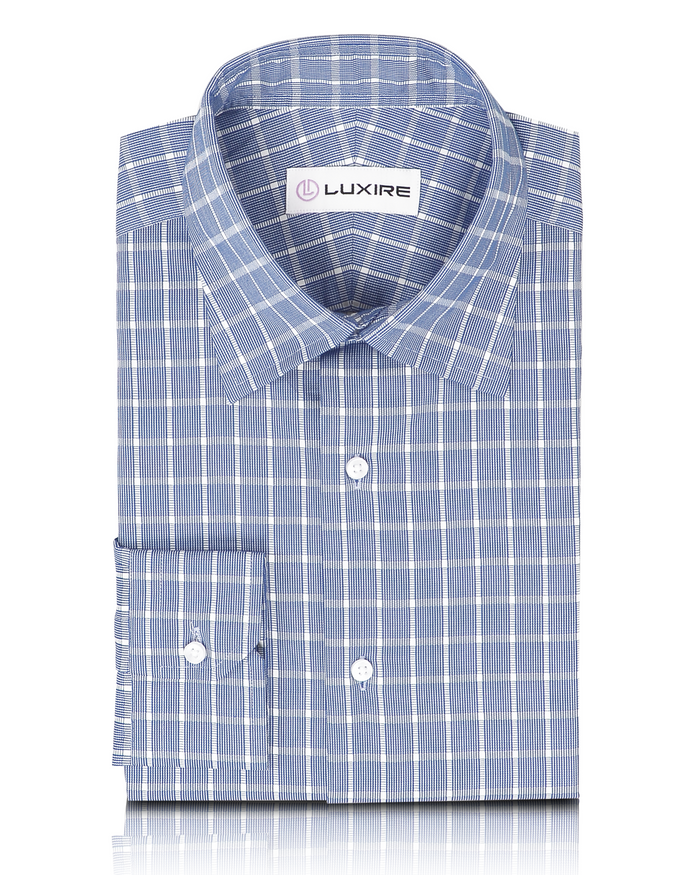 Front view of custom check shirts for men by Luxire in navy blue white grid