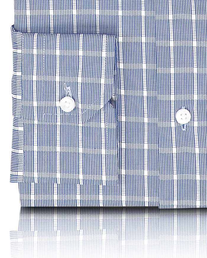 Close up view of custom check shirts for men by Luxire in navy blue white grid