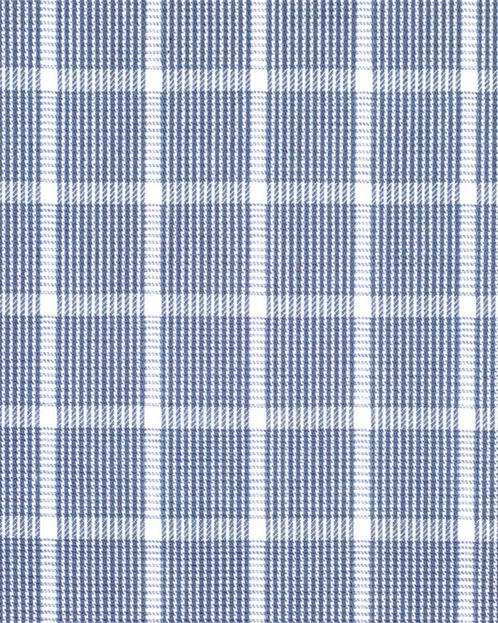Closeup view of custom check shirts for men by Luxire in navy blue white grid 2
