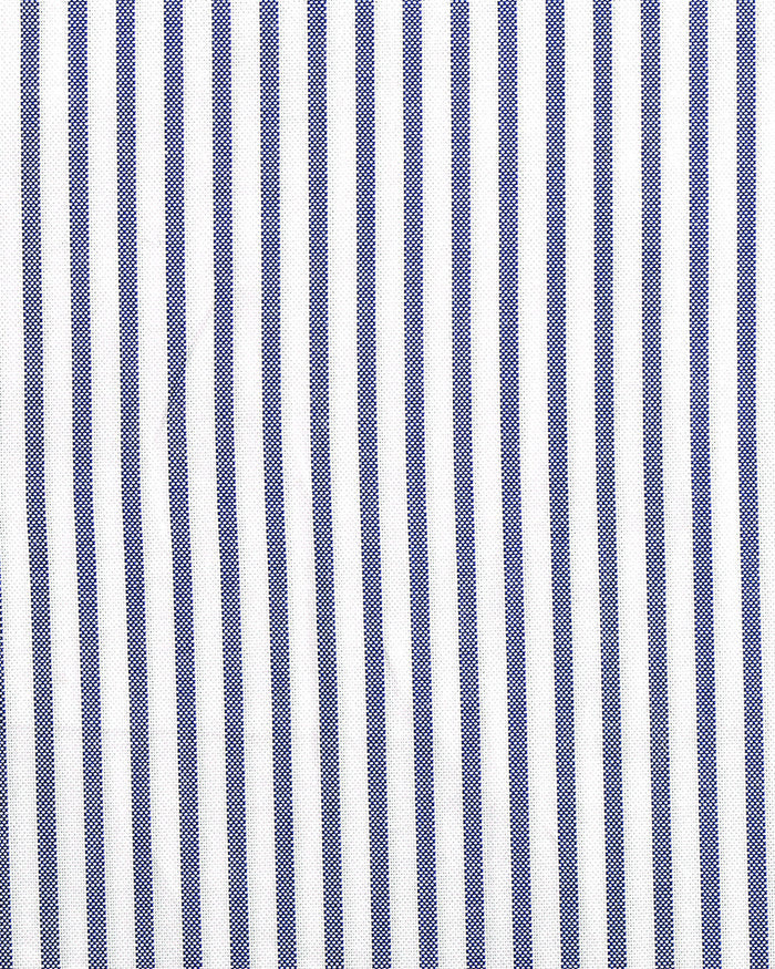 Close up of the custom oxford shirt for men by Luxire in white with navy candy stripes