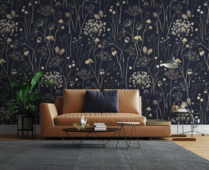 Navy Floral Wallpaper: Gold Twigs, Butterflies, Peel and Stick Mural