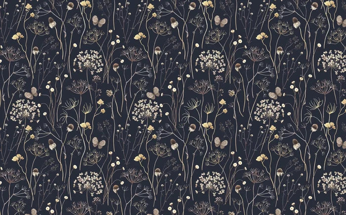 Navy Floral Wallpaper: Gold Twigs, Butterflies, Peel and Stick Mural