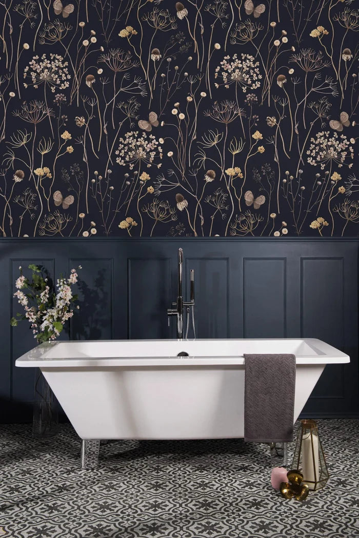 Navy Floral Wallpaper: Gold Twigs, Butterflies, Peel and Stick Mural