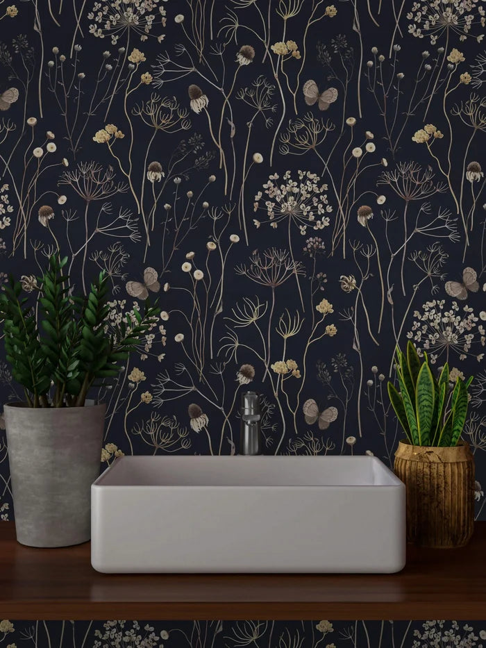 Navy Floral Wallpaper: Gold Twigs, Butterflies, Peel and Stick Mural