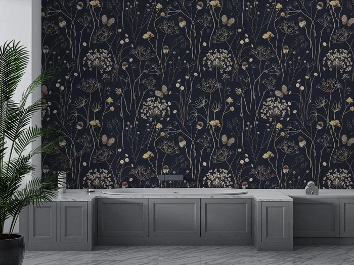 Navy Floral Wallpaper: Gold Twigs, Butterflies, Peel and Stick Mural