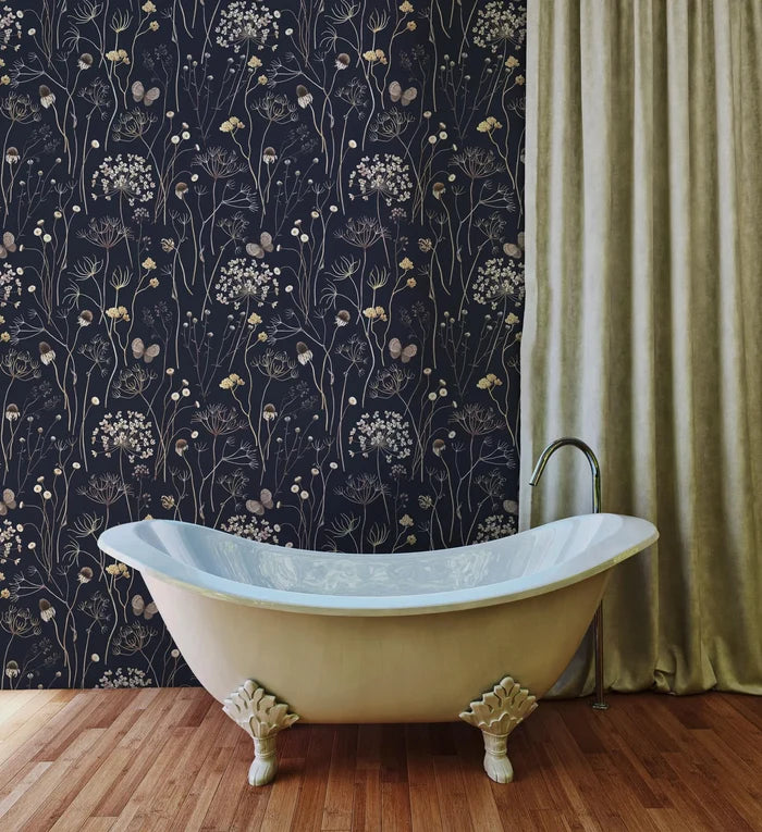 Navy Floral Wallpaper: Gold Twigs, Butterflies, Peel and Stick Mural