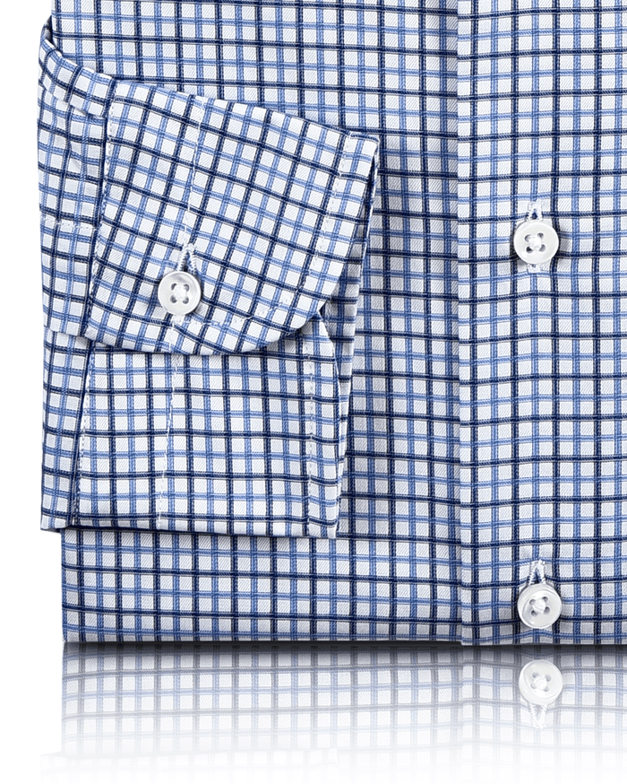 Closeup view of custom check shirts for men by Luxire in navy sky tattersall