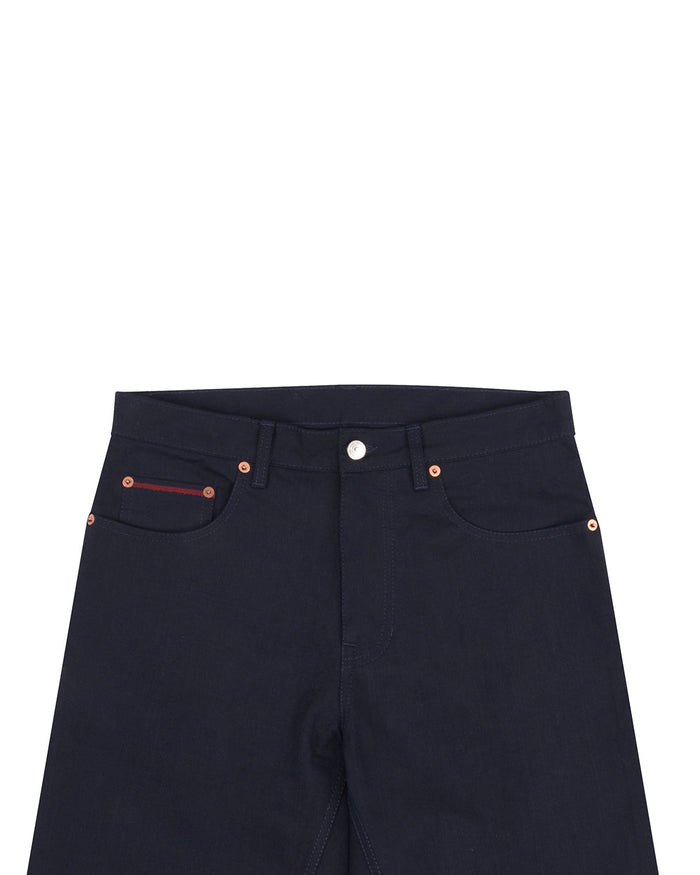 Front view of custom chino jeans for men by Luxire in navy