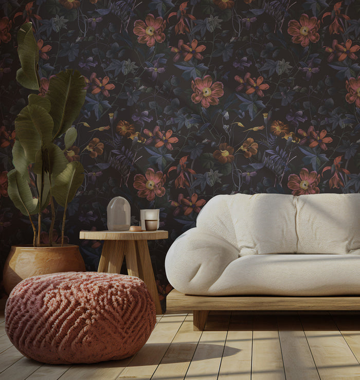Night Garden Dark Floral Wallpaper ; Peel and Stick, Textured Wallpaper