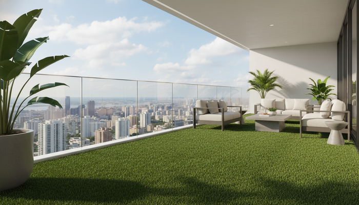 Luxury penthouse rooftop terrace featuring green artificial grass flooring over concrete